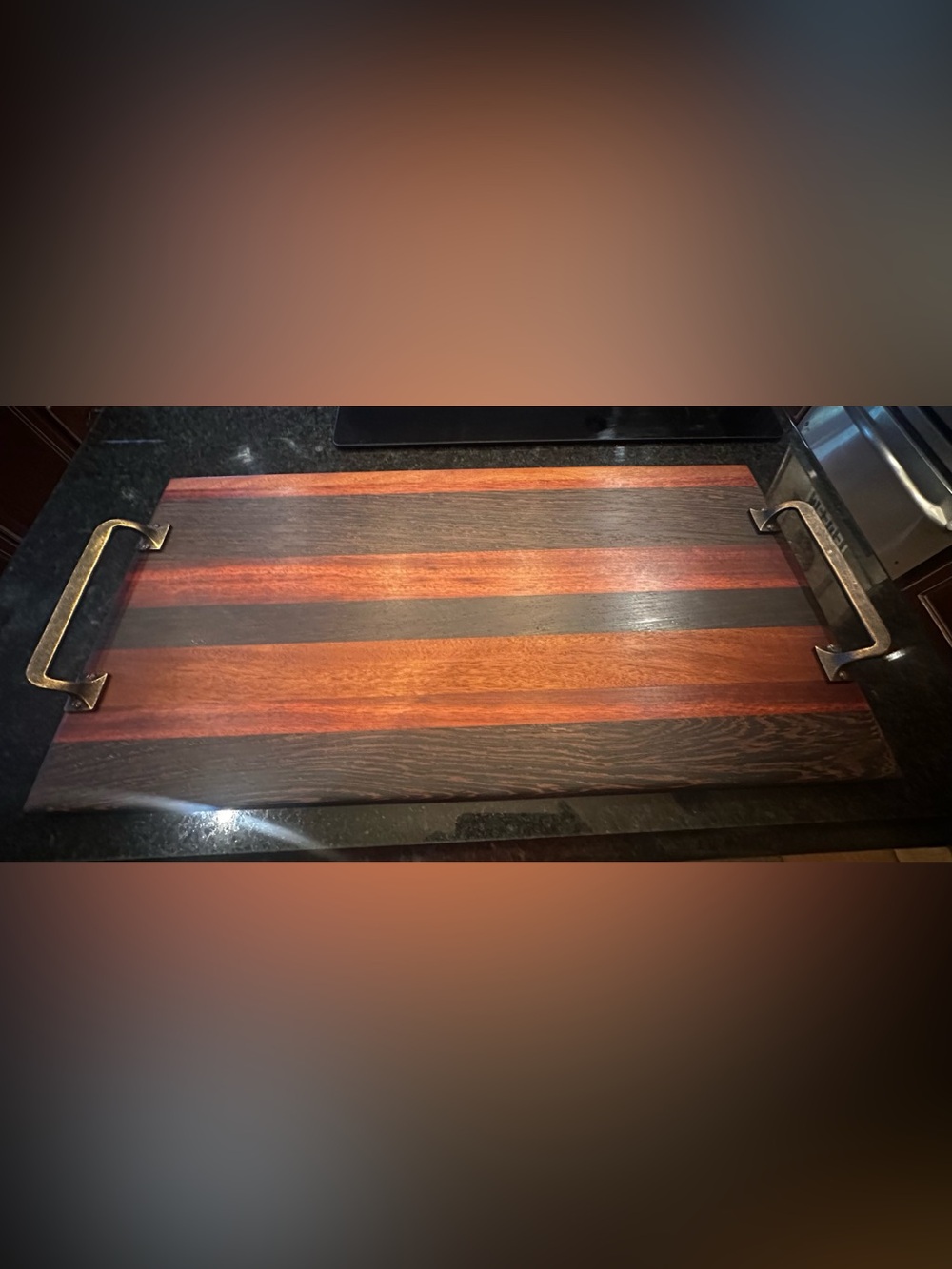 Handcrafted Exotic Wood Serving Tray with Sturdy Metal Handles